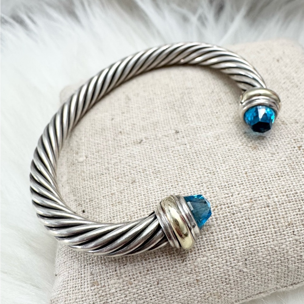 David Yurman Silver Cable Bracelet with Blue Gemstone Terminals
